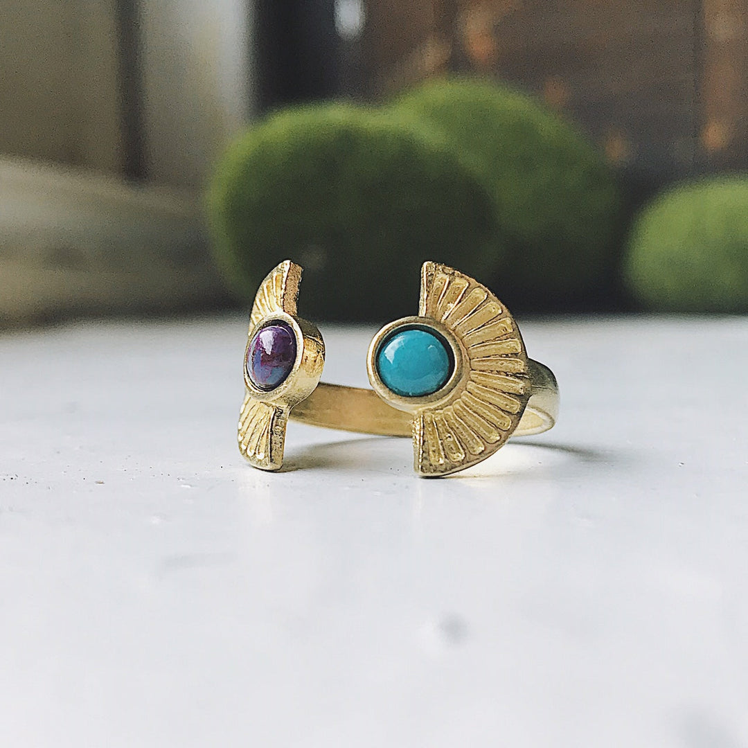 Dawn to Dusk Ring – Adjustable Two-Stone Turquoise Boho Sunburst Ring