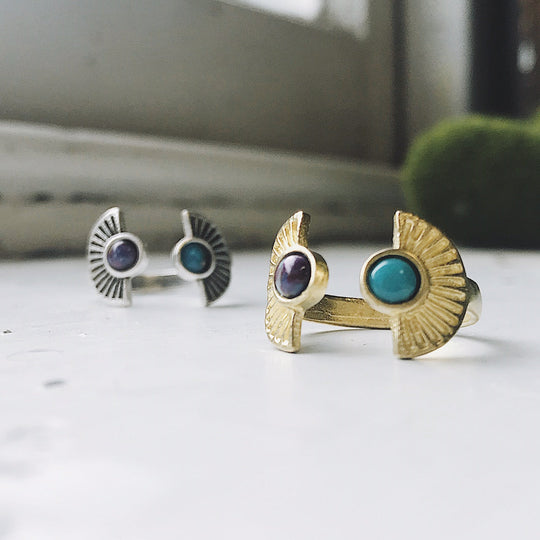Dawn to Dusk Ring – Adjustable Two-Stone Turquoise Boho Sunburst Ring