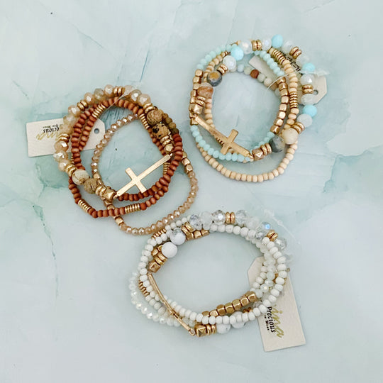 Boho Beaded Bracelet Stack – Set of 4 with Natural Stone, Wood & Cross Charm