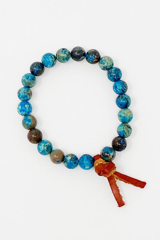 Blue Agate Beaded Bracelet with Leather Tie – Boho Stone Bracelet