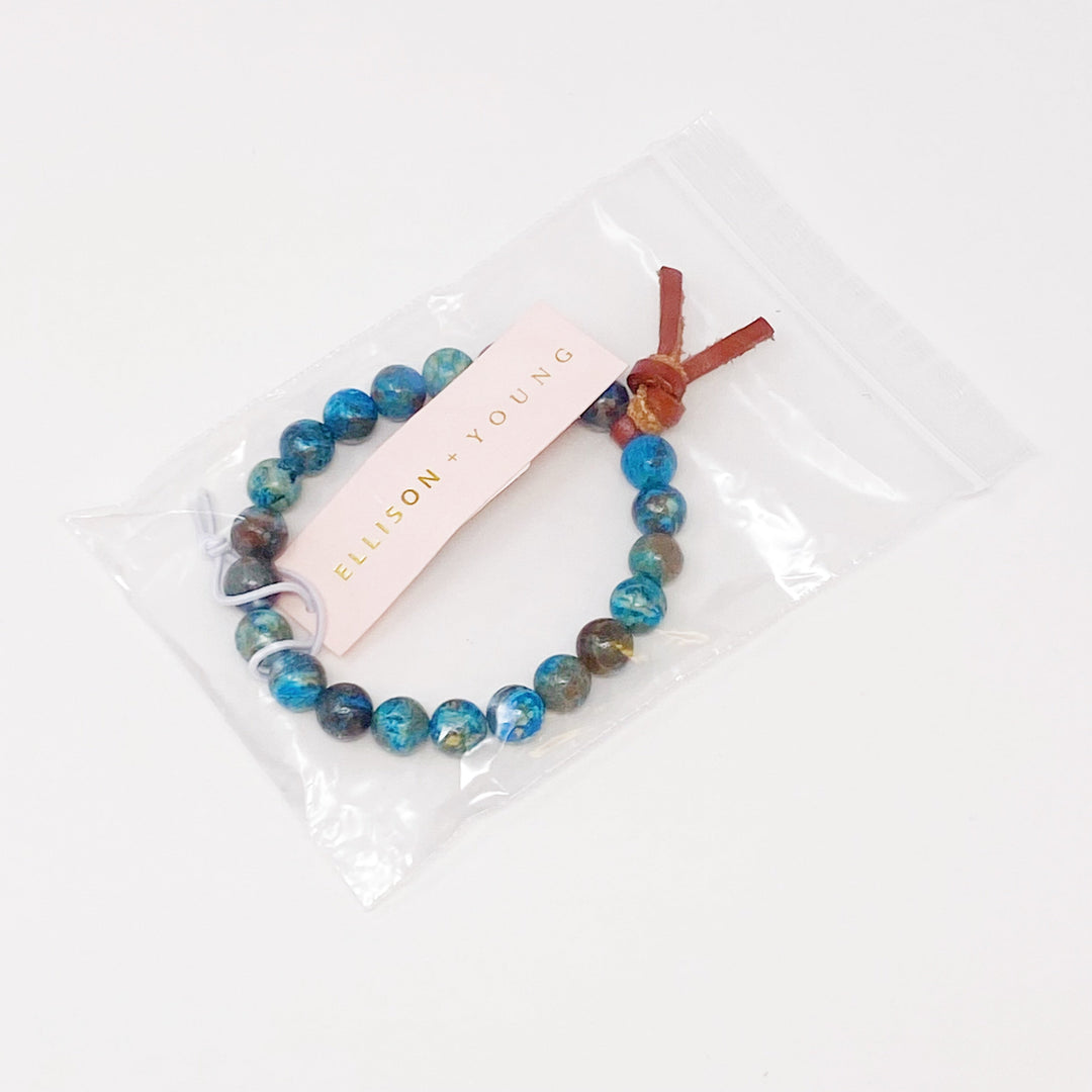 Blue Agate Beaded Bracelet with Leather Tie – Boho Stone Bracelet