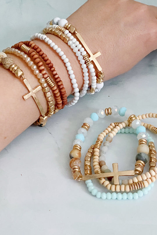 Boho Beaded Bracelet Stack – Set of 4 with Natural Stone, Wood & Cross Charm