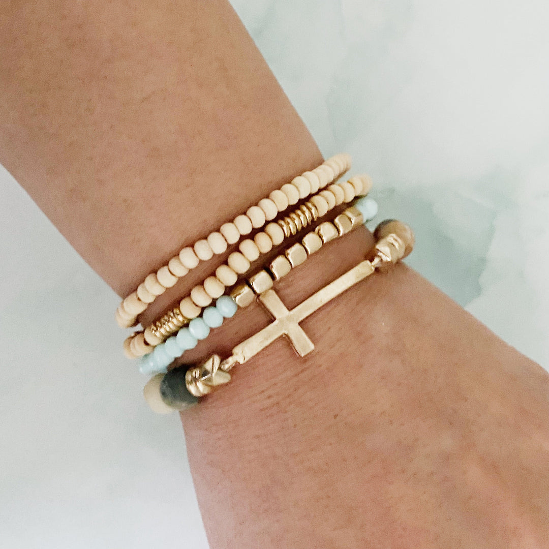 Boho Beaded Bracelet Stack – Set of 4 with Natural Stone, Wood & Cross Charm