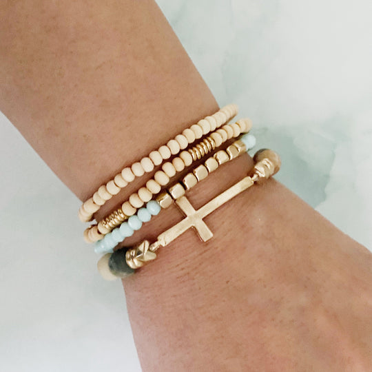 Boho Beaded Bracelet Stack – Set of 4 with Natural Stone, Wood & Cross Charm