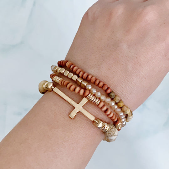 Boho Beaded Bracelet Stack – Set of 4 with Natural Stone, Wood & Cross Charm