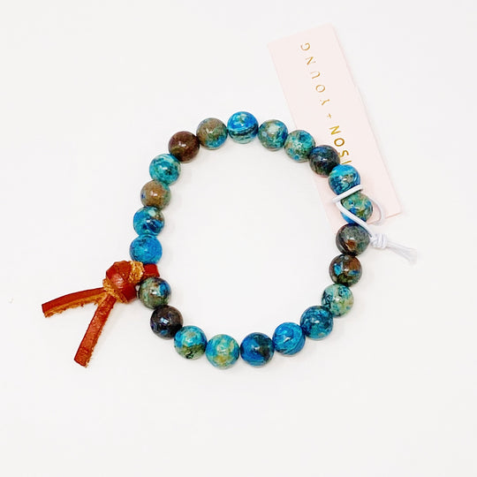 Blue Agate Beaded Bracelet with Leather Tie – Boho Stone Bracelet