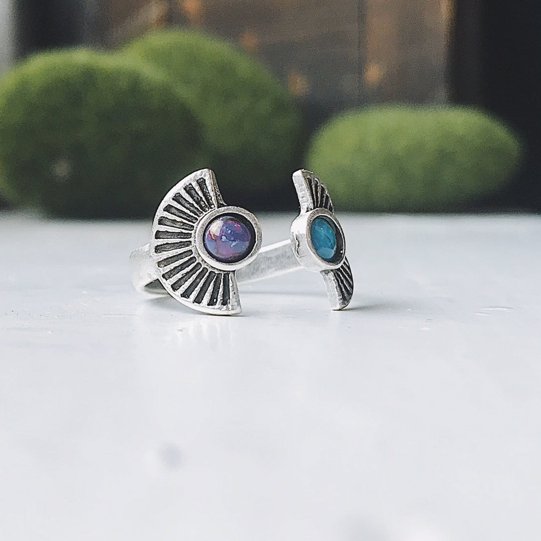 Dawn to Dusk Ring – Adjustable Two-Stone Turquoise Boho Sunburst Ring
