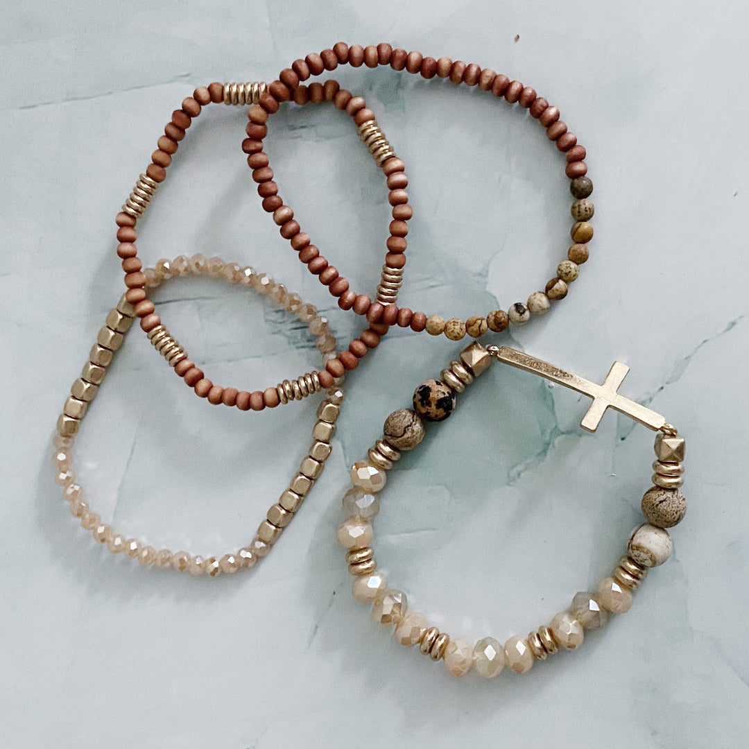 Boho Beaded Bracelet Stack – Set of 4 with Natural Stone, Wood & Cross Charm