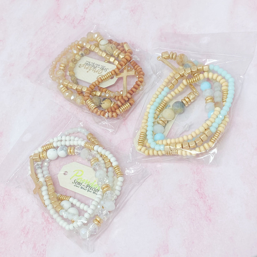Boho Beaded Bracelet Stack – Set of 4 with Natural Stone, Wood & Cross Charm