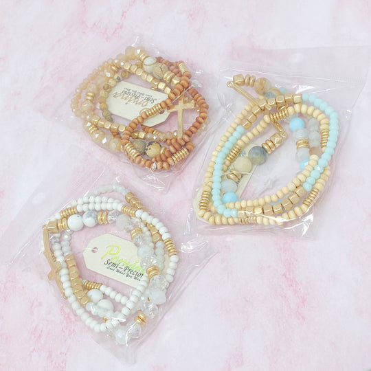 Boho Beaded Bracelet Stack – Set of 4 with Natural Stone, Wood & Cross Charm