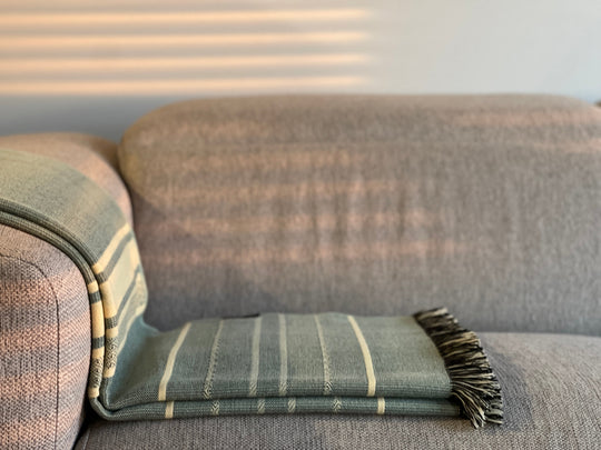 Equinoccio Throw Blanket – Mint & Natural | Handcrafted Ecuadorian Recycled Fiber Throw
