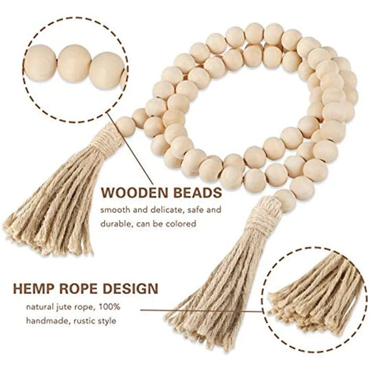 Wood Bead Garland with Tassels Rustic Country