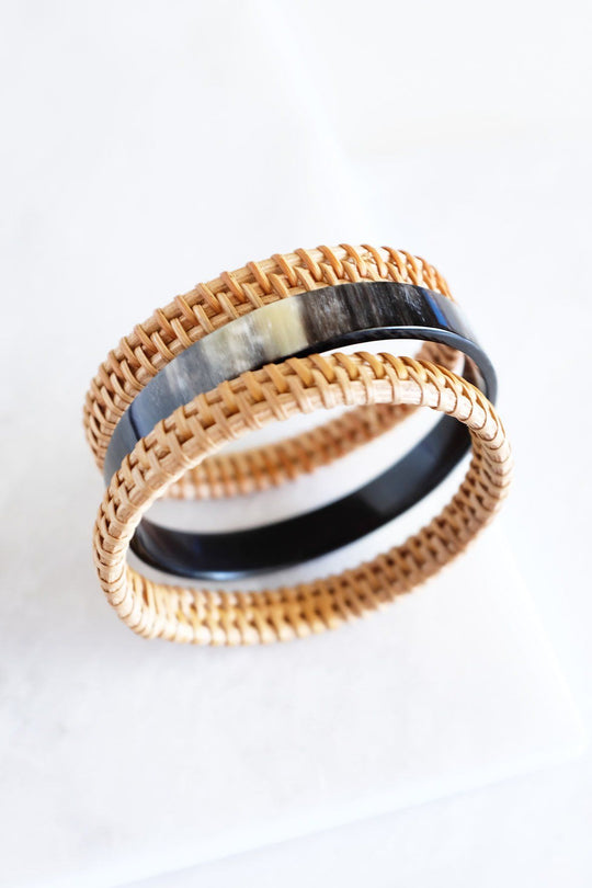 Thuy Binh Buffalo Horn & Rattan Bangle Set (3 pcs)