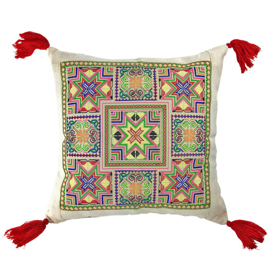 Needlepoint Tassel Pillow Cover – Hand-Embroidered Boho Cushion by Hmong Artisans