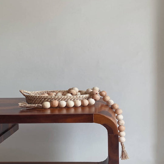 Boho Wooden Bead Garland – Farmhouse Décor with Jute Tassels
