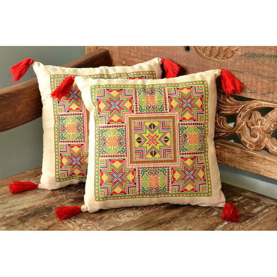 Needlepoint Tassel Pillow Cover – Hand-Embroidered Boho Cushion by Hmong Artisans