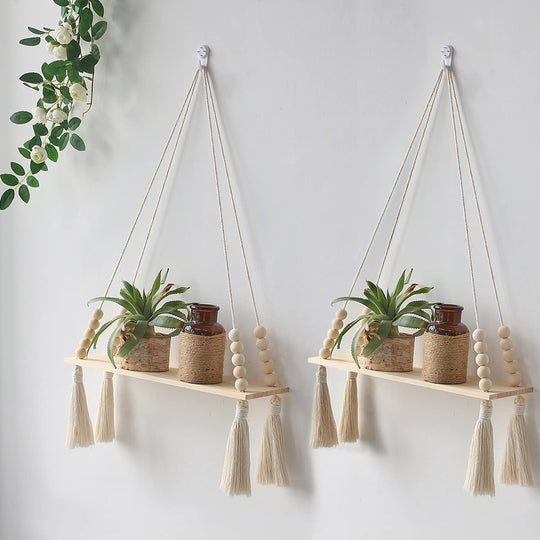 Wooden Wal Macrame Hanging Plant Shelf With Tassel