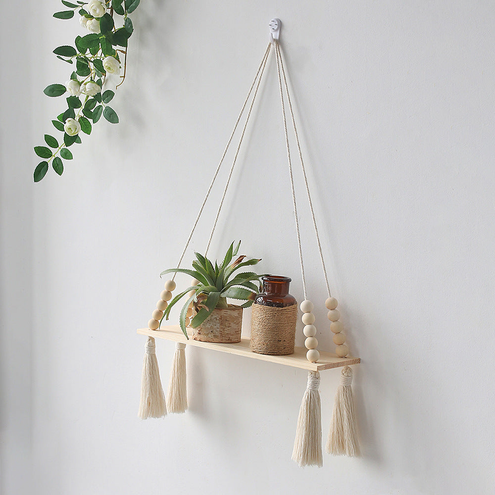 Wooden Wal Macrame Hanging Plant Shelf With Tassel
