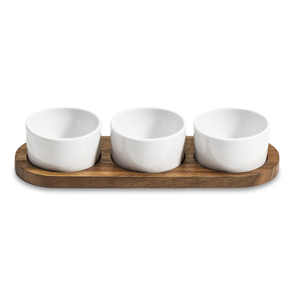 Condiment Serving Set  3 Ceramic Bowls with Lids  13" x 3.75"