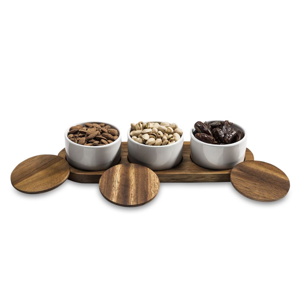 Condiment Serving Set  3 Ceramic Bowls with Lids  13" x 3.75"